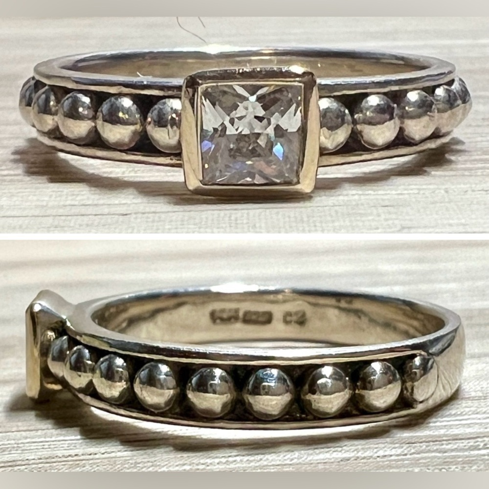 Designer ATR Sterling Silver & 14K Gold CZ Pebbled Band Ring, Size 6.75, 2g